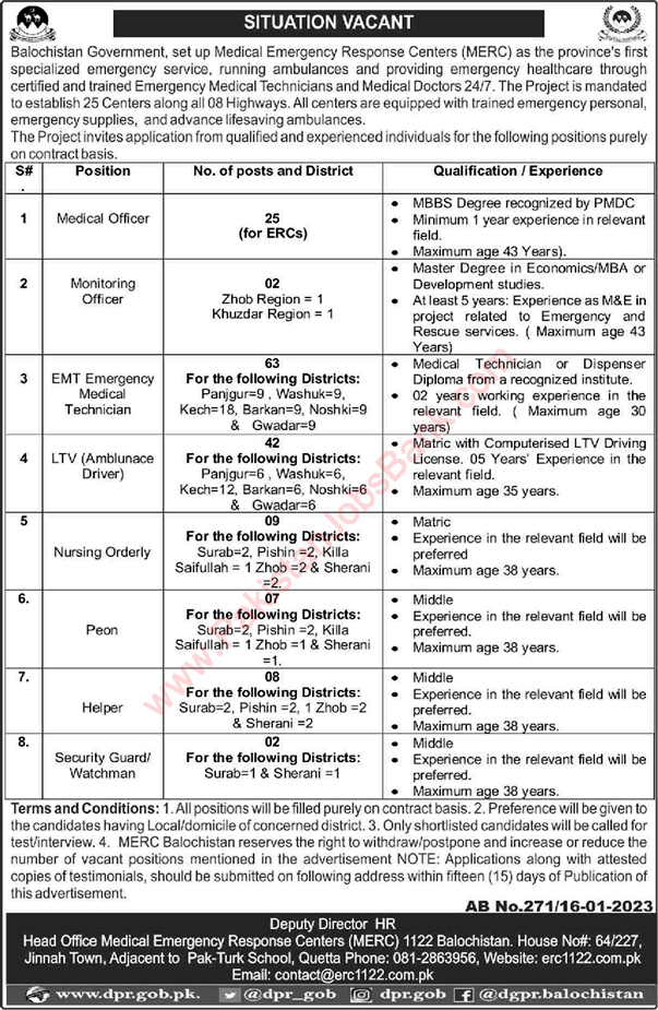 MERC Balochistan Jobs 2023 Emergency Medical Technicians & Others Medical Emergency Response Centers Latest