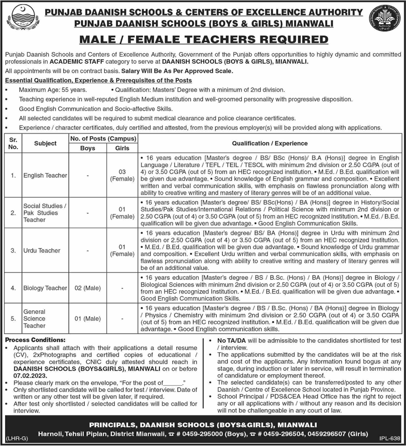 Danish Schools Mianwali Jobs 2023 Teachers Punjab Daanish Schools and Centers of Excellence Authority Latest