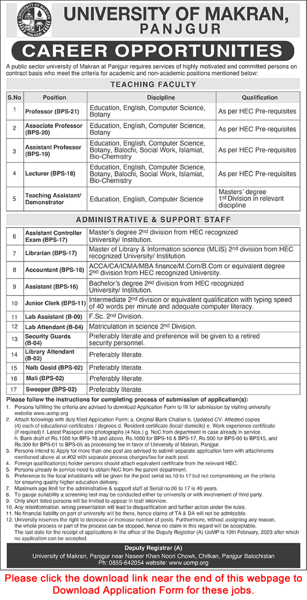 University of Makran Panjgur Jobs 2023 Application Form Teaching Faculty & Others Latest