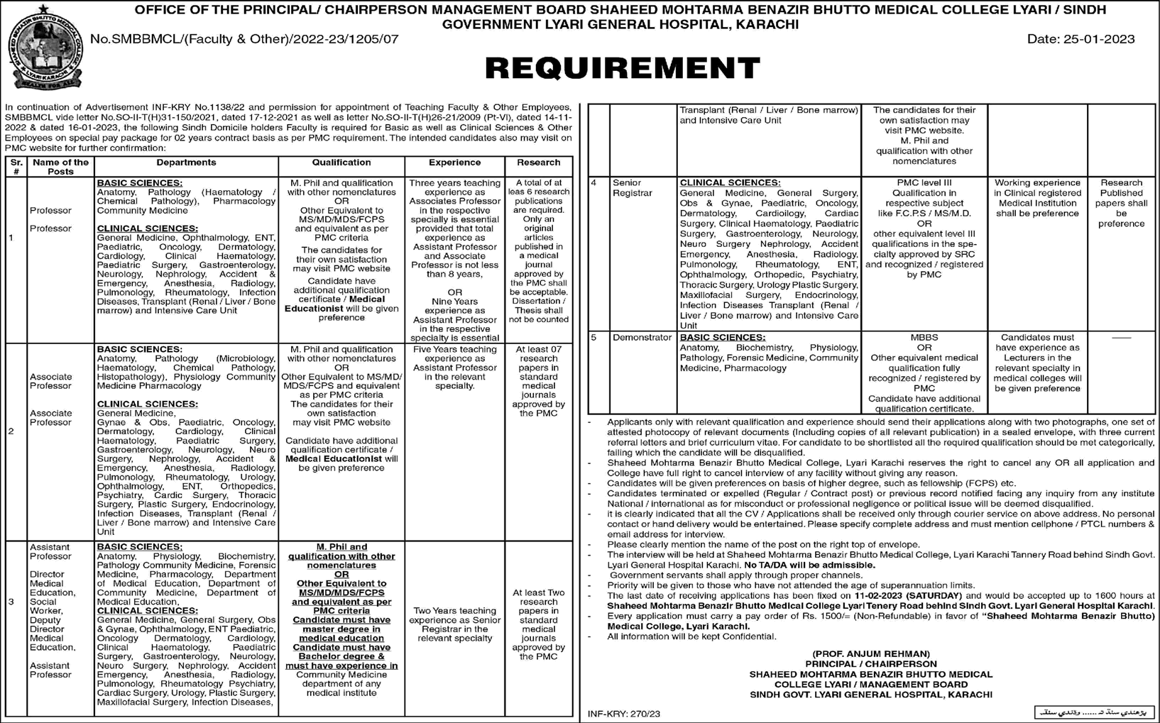 Teaching Faculty Jobs in Shaheed Mohtarma Benazir Bhutto Medical College Karachi 2023 Lyari Latest