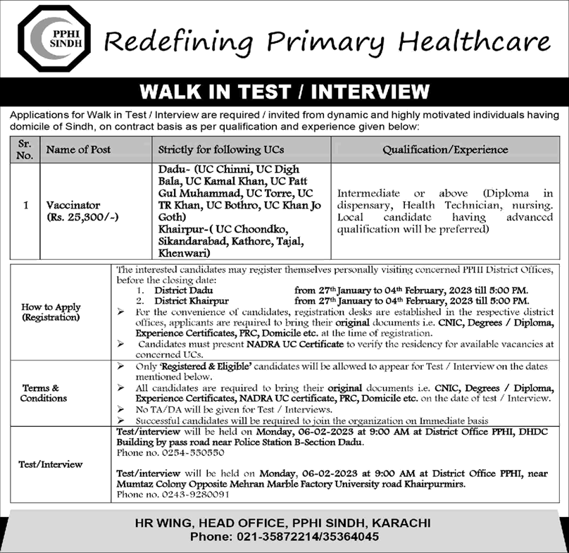 Vaccinator Jobs in PPHI Balochistan 2023 People's Primary Healthcare Initiative Walk in Test / Interview Latest