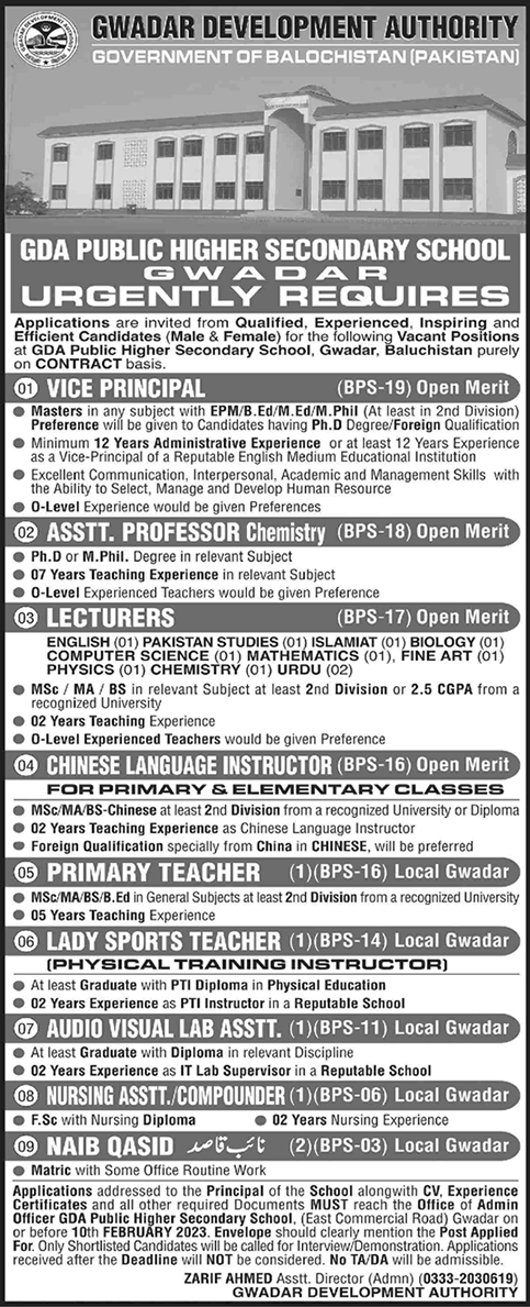 GDA Public Higher Secondary School Gwadar Jobs 2023 Teaching Faculty & Others Latest