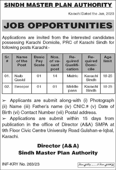 Sindh Master Plan Authority Karachi Jobs 2023 Naib Qasid & Sweeper Latest