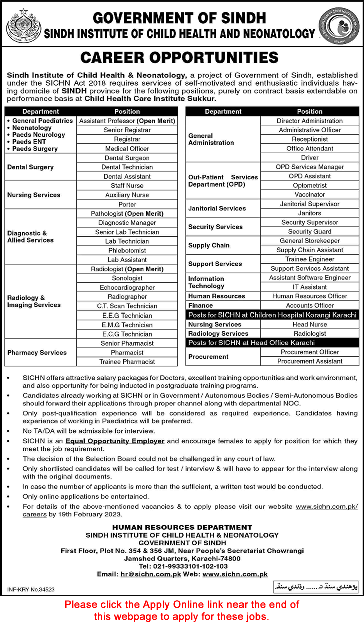 Sindh Institute of Child Health and Neonatology Jobs 2023 February Apply Online Medical Officers & Others Latest