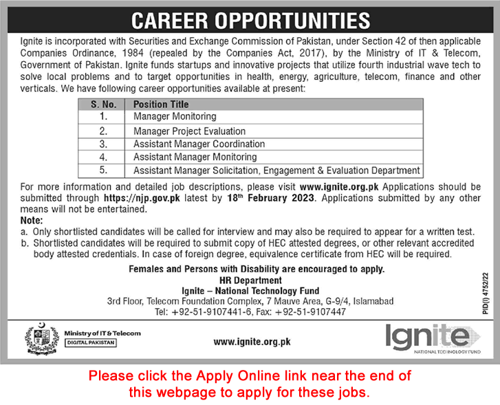 Ministry of IT and Telecom Jobs 2023 February Apply Online Assistant / Managers Ignite Latest