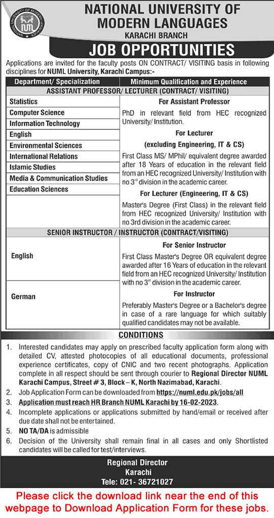 NUML University Karachi Jobs 2023 February Application Form Teaching Faculty Latest