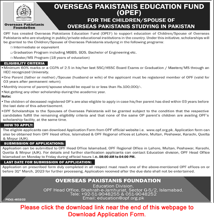 OPF OPEF Scholarships 2023 February Overseas Pakistanis Foundation Application Form Latest