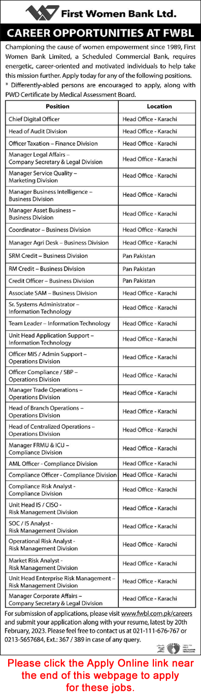 FWBL Jobs 2023 February Online Apply First Women Bank Limited Latest