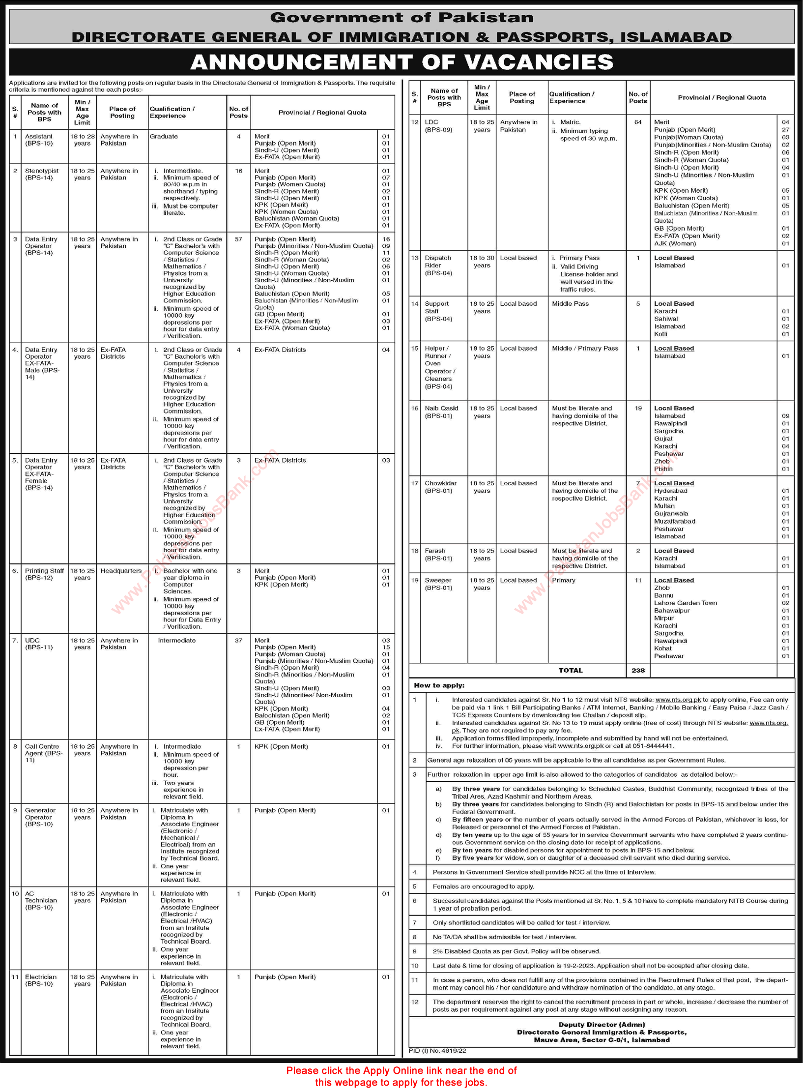 Directorate General Immigration and Passports Jobs 2023 February DGIP NTS Apply Online Latest