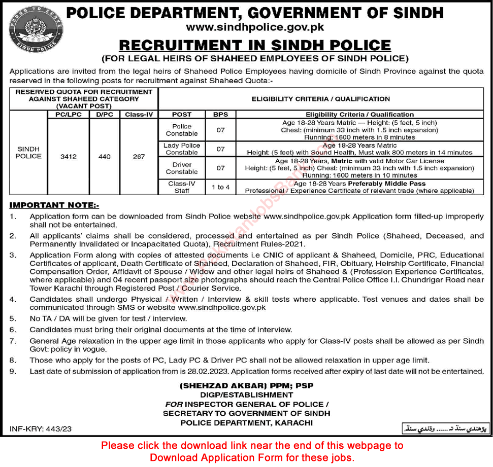 Sindh Police Jobs 2023 February Application Form Constables, Drivers & Class 4 Staff Latest