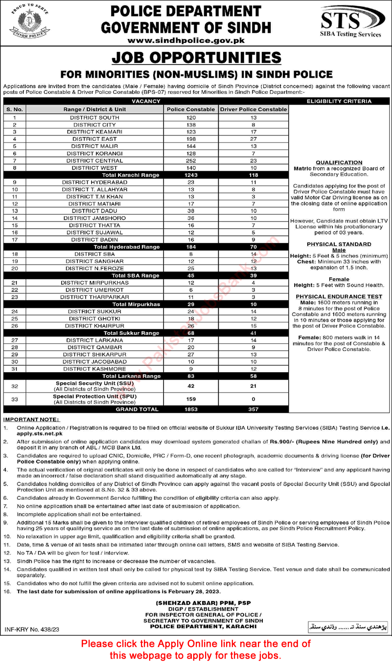 Constable Driver Jobs in Sindh Police 2023 February STS Application Form Download Latest