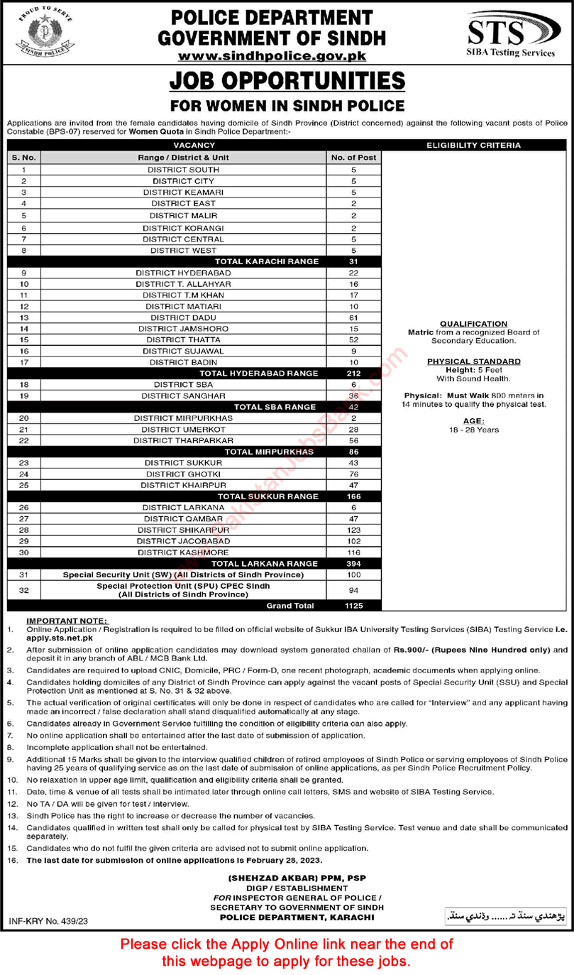 Lady Police Constable Jobs in Sindh Police Department 2023 February STS Apply Online Latest