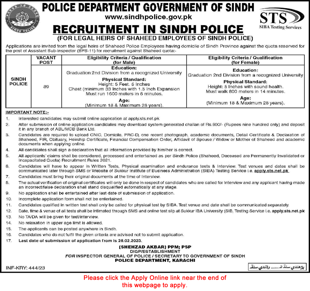 ASI Jobs in Sindh Police 2023 February STS Application Form Assistant Sub Inspectors Latest