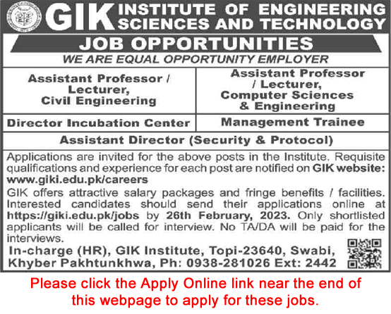 GIK Institute of Engineering Sciences and Technology Swabi Jobs February 2023 Apply Online Teaching Faculty & Others Latest
