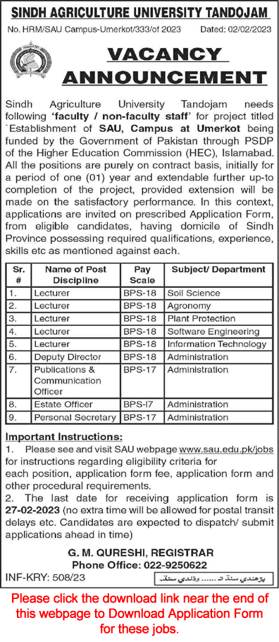 Sindh Agriculture University Tandojam Jobs 2023 February Application Form Lecturers & Others Latest