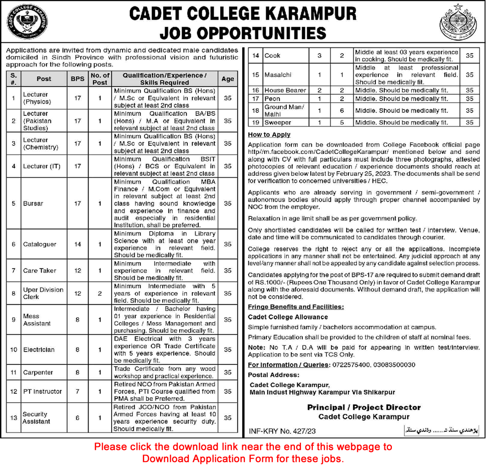 Cadet College Karampur Jobs 2023 February Application Form Lecturers & Others Latest