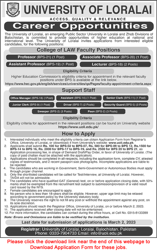 University of Loralai Jobs February 2023 Application Form Security Guards & Others Latest