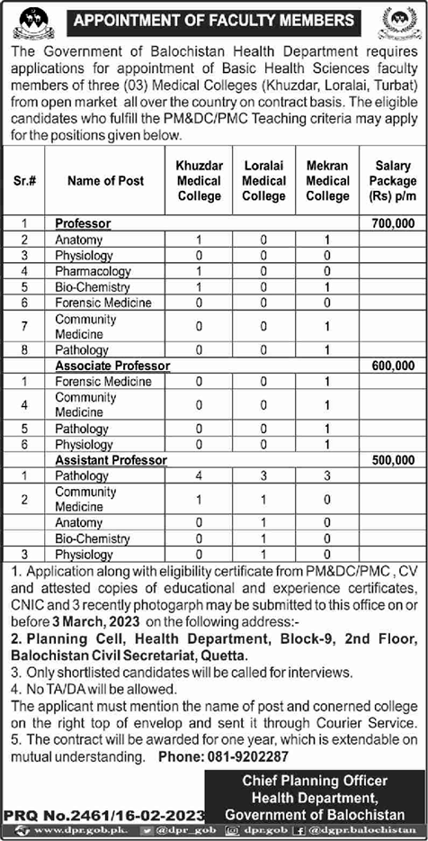 Teaching Faculty Jobs in Health Department Balochistan 2023 February Latest