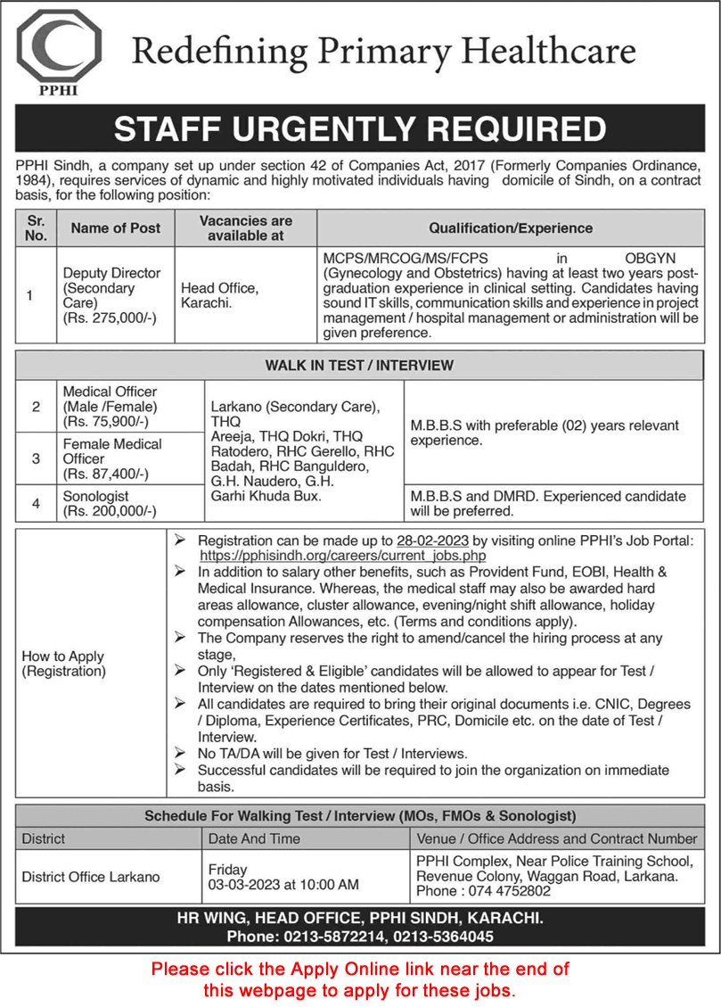 PPHI Sindh Jobs 2023 February Apply Online Medical Officers & Others Walk in Test / Interview Latest
