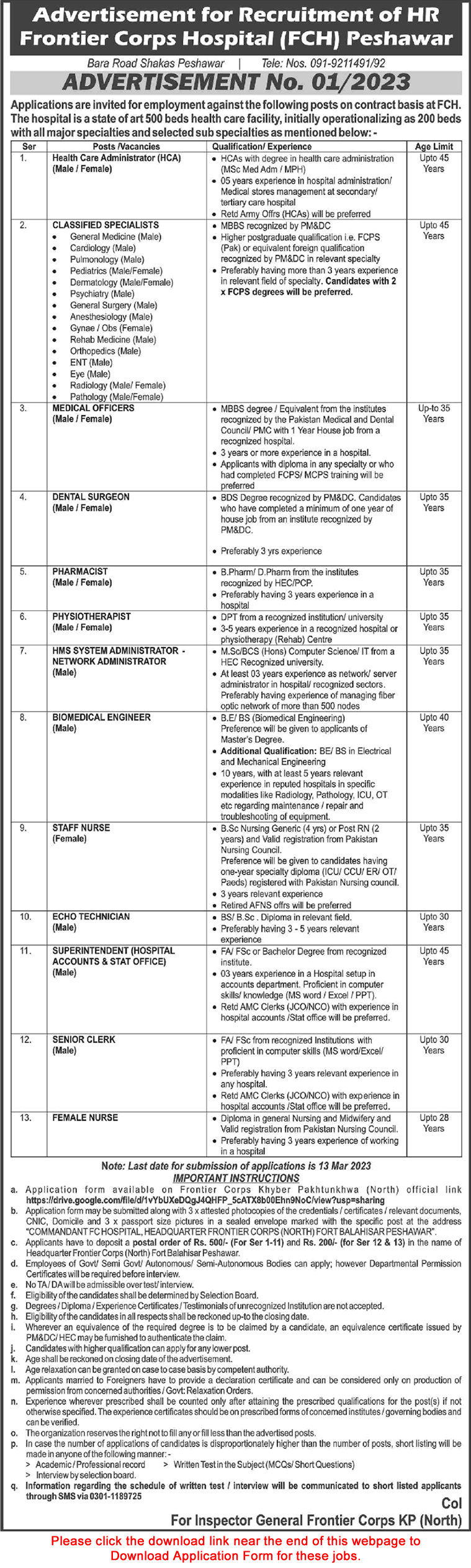 Frontier Corps Hospital Peshawar Jobs 2023 February Application Form Medical Officers, Nurses & Others Latest