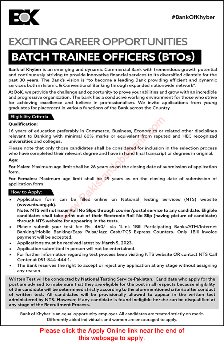 Batch Trainee Officer Jobs in Bank of Khyber 2023 February NTS Apply Online BTOs Latest