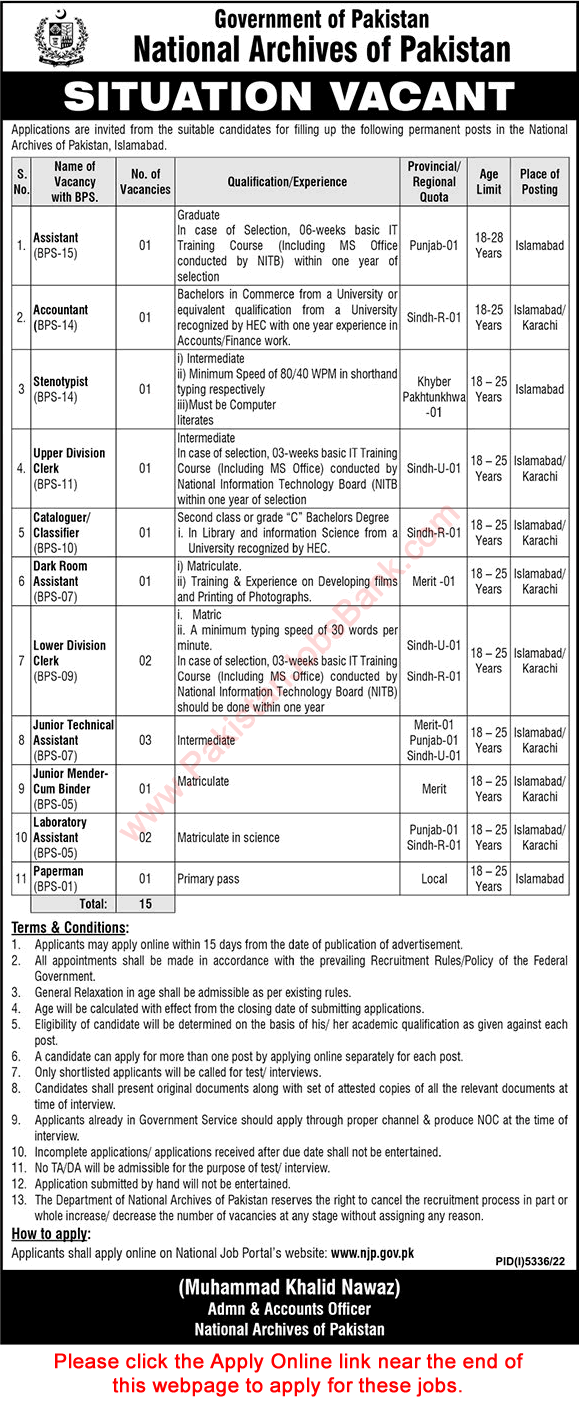 National Archives of Pakistan Jobs 2023 February / March NJP Apply Online Technical Assistants & Others Latest