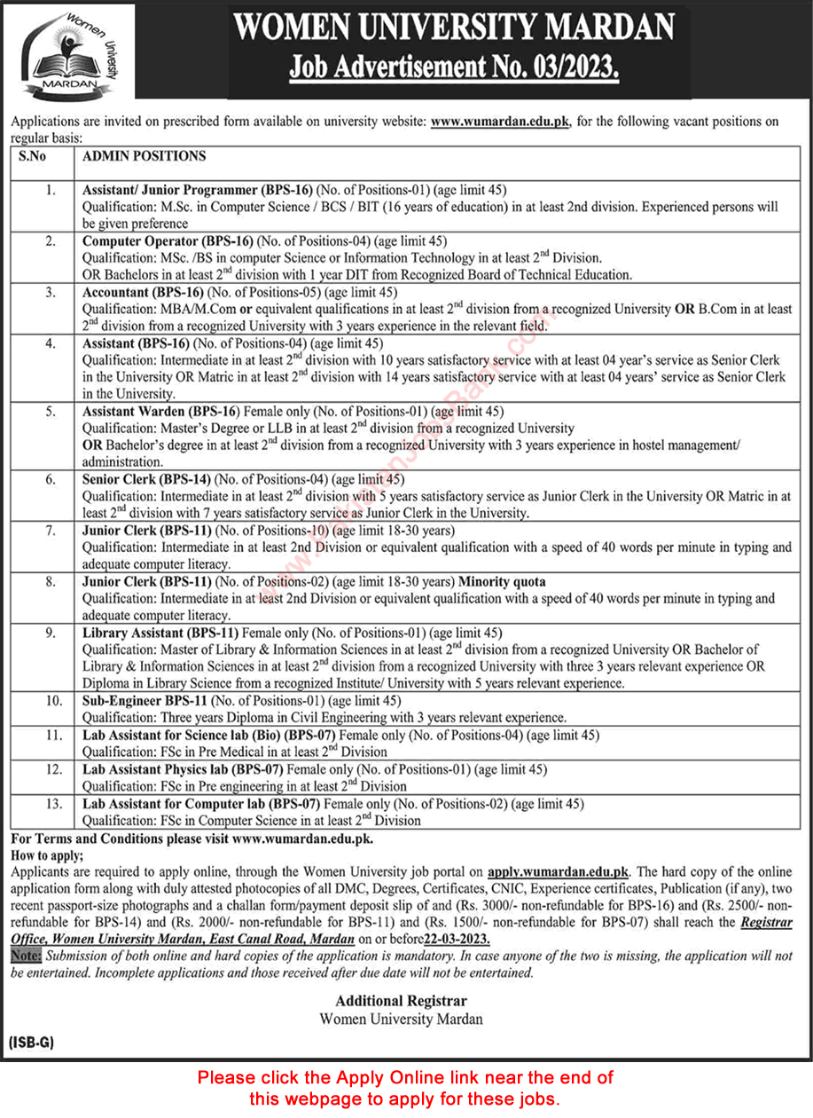 Women University Mardan Jobs 2023 March Apply Online Clerks, Lab Assistants & Others Latest