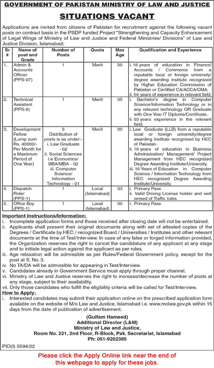 Ministry of Law and Justice Islamabad Jobs 2023 March Apply Online Development Fellows & Others Latest