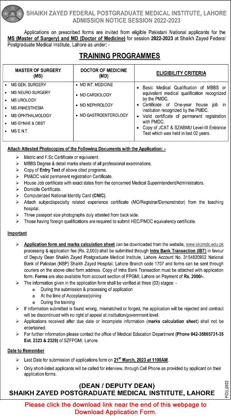 Shaikh Zayed Federal Postgraduate Medical Institute Lahore MS / MD Training Program 2023 March Application Form Latest