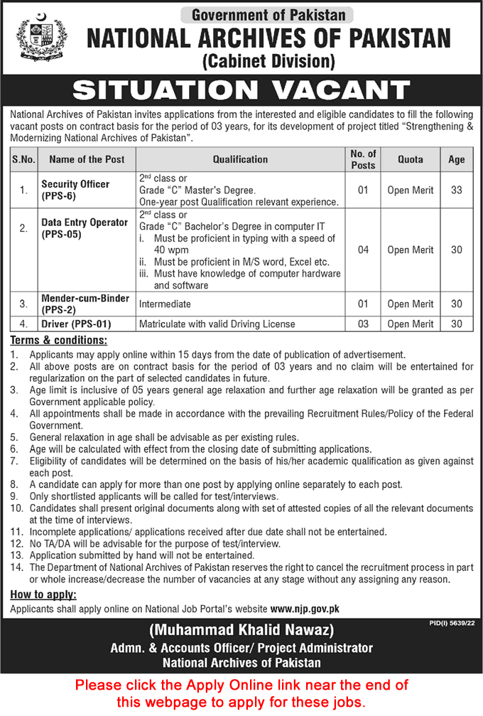 National Archives of Pakistan Jobs March 2023 Apply Online Cabinet Division Latest