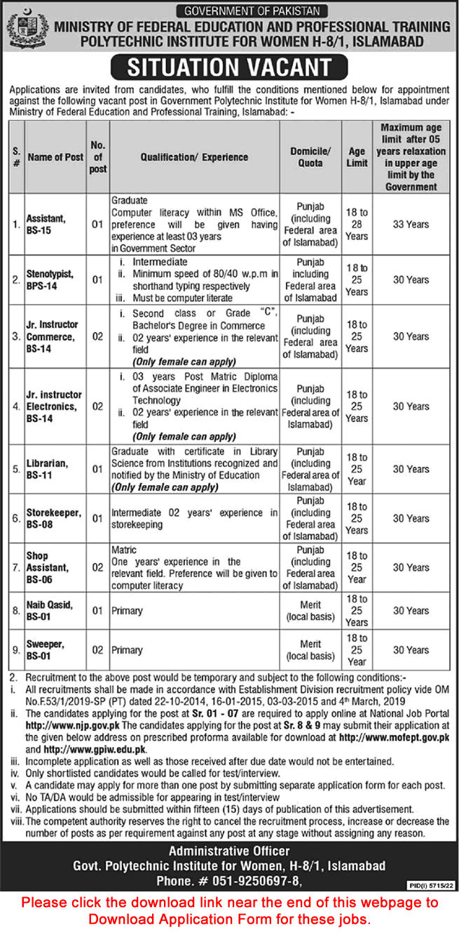 Ministry of Federal Education and Professional Training Islamabad Jobs 2023 March Application Form Latest