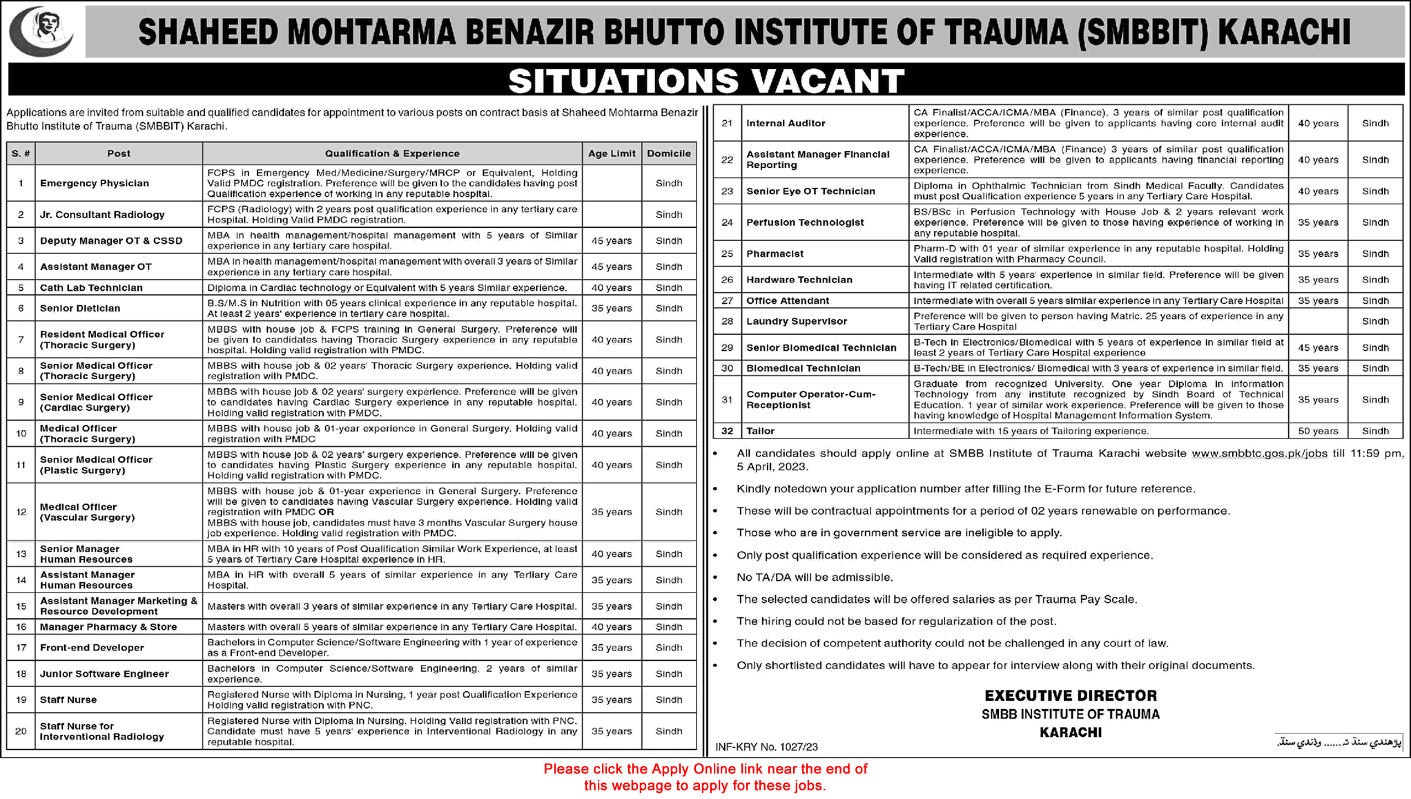 Shaheed Mohtarma Benazir Bhutto Institute of Trauma Karachi Jobs March 2023 SMBBIT Apply Online Latest