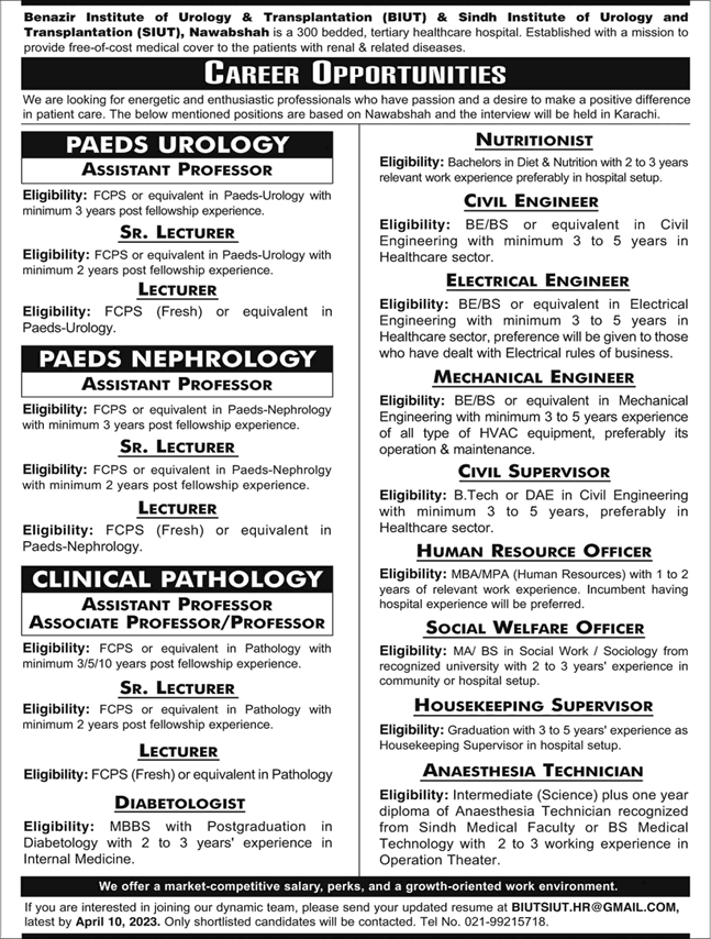 Sindh Institute of Urology and Transplantation Nawabshah Jobs March 2023 Teaching Faculty & Others SIUT BIUT Latest