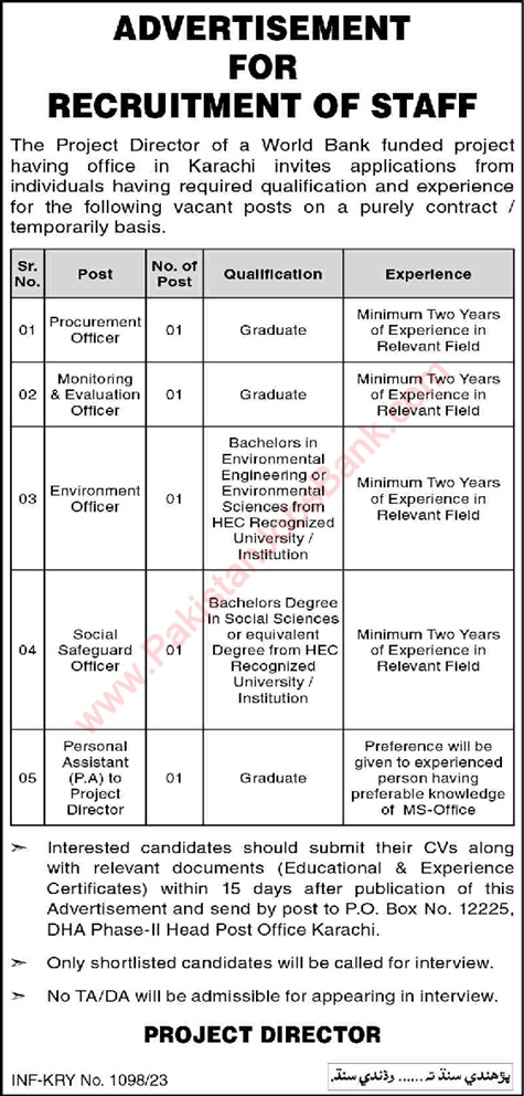 PO Box 12225 Karachi Jobs 2023 March Personal Assistant, Monitoring / Evaluation Officer & Others Latest