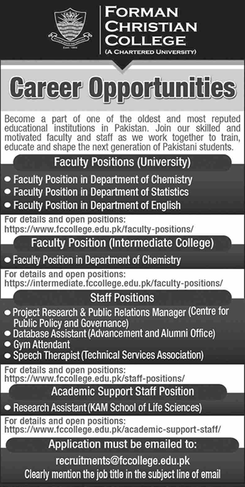 Forman Christian College Lahore Jobs April 2023 Teaching Faculty & Others Latest