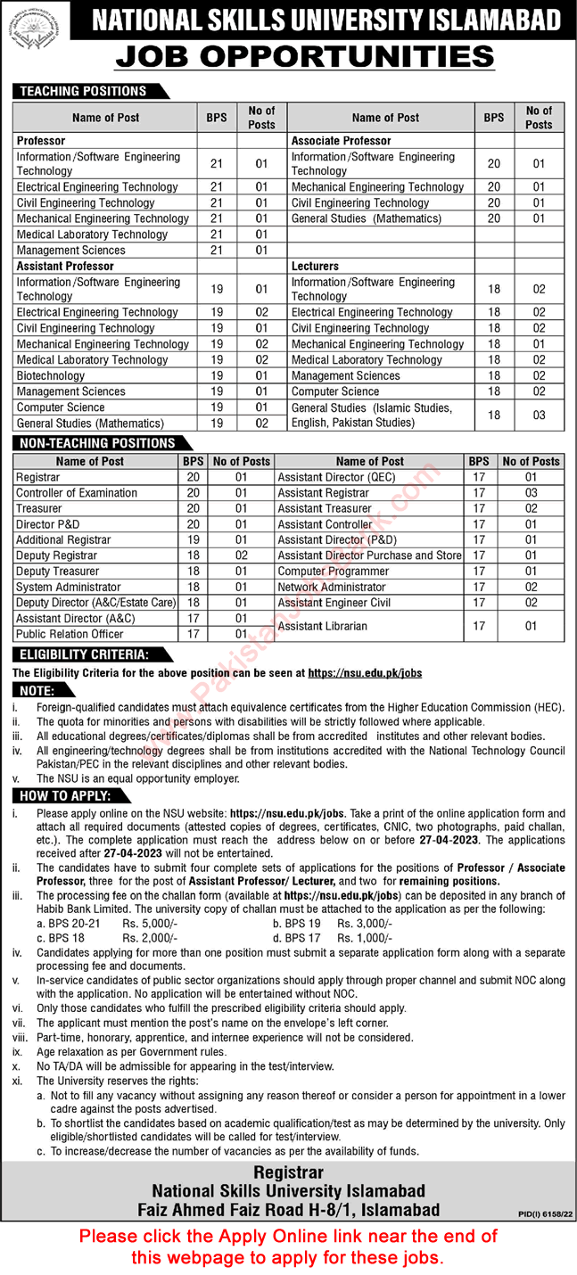 National Skills University Islamabad Jobs 2023 April Online Teaching Faculty & Others Latest