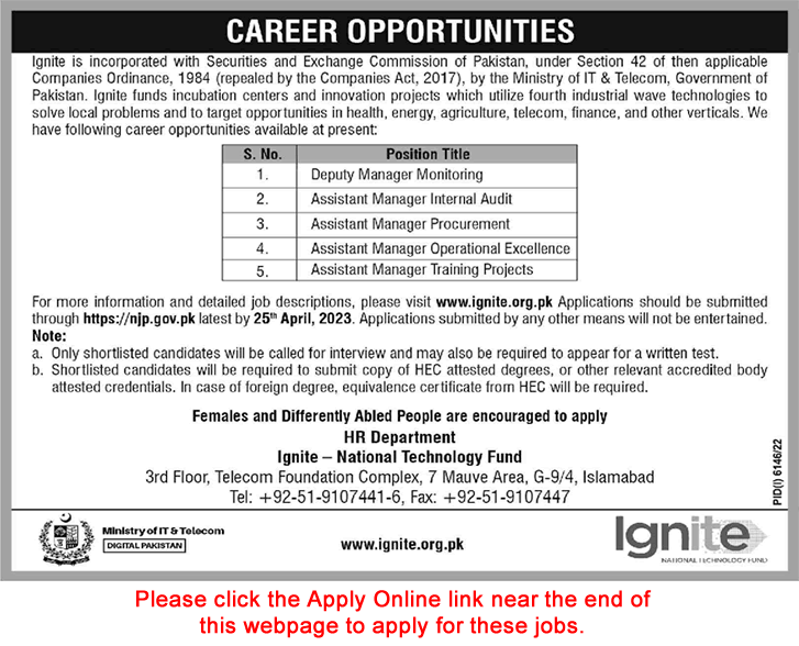 Ministry of IT and Telecom Jobs April 2023 Apply Online Ignite Deputy / Assistant Managers Latest