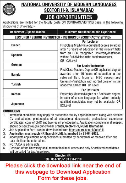 Lecturer / Instructor Jobs in NUML University Islamabad April 2023 Application Form Latest