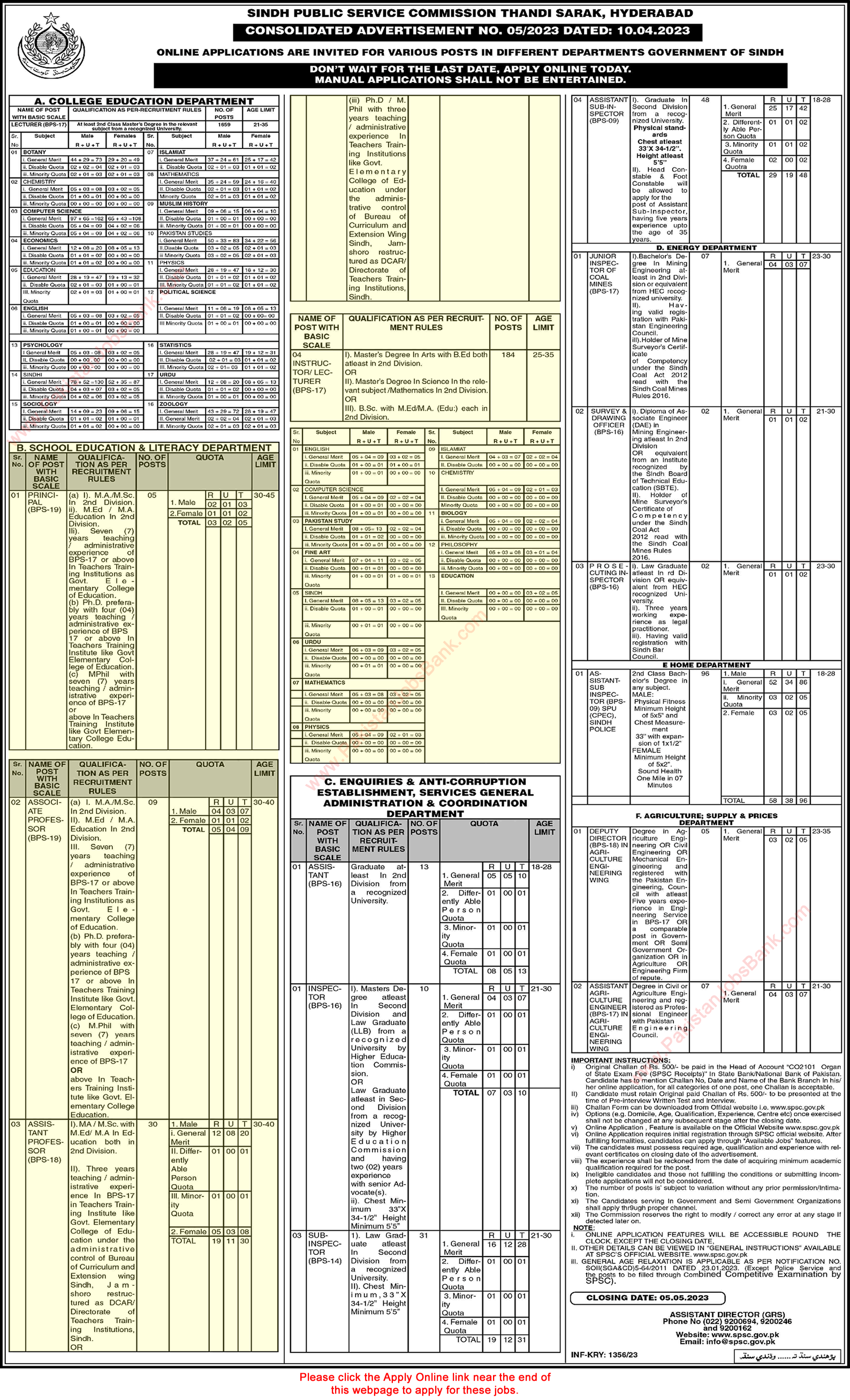 School Education and Literacy Department Sindh Jobs April 2023 SPSC Online Apply Instructors, Lecturers & Others Latest