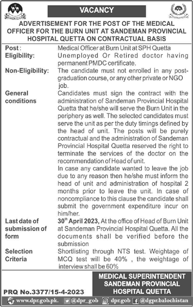 Medical Officer Jobs in Sandeman Provincial Hospital Quetta 2023 April Burn Unit Latest