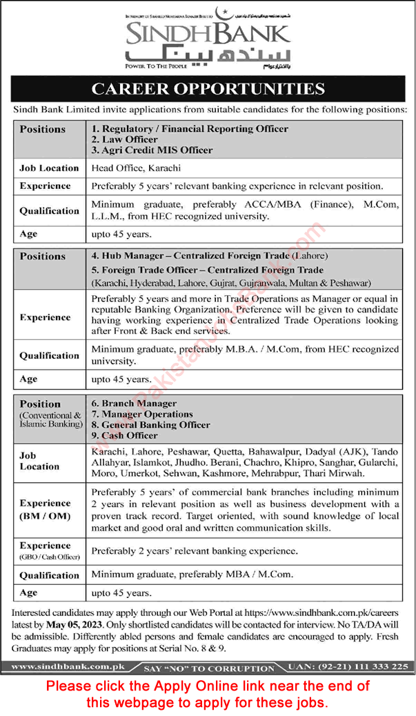 Sindh Bank Jobs April 2023 Apply Online General Banking Officers, Cash Officers & Others