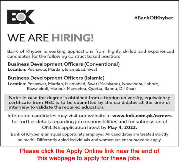 Bank of Khyber Jobs April 2023 BOK Apply Online Business Development Officers Latest