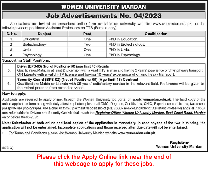 Women University Mardan Jobs April 2023 March Online Apply Drivers, Security Guards & Assistant Professors Latest