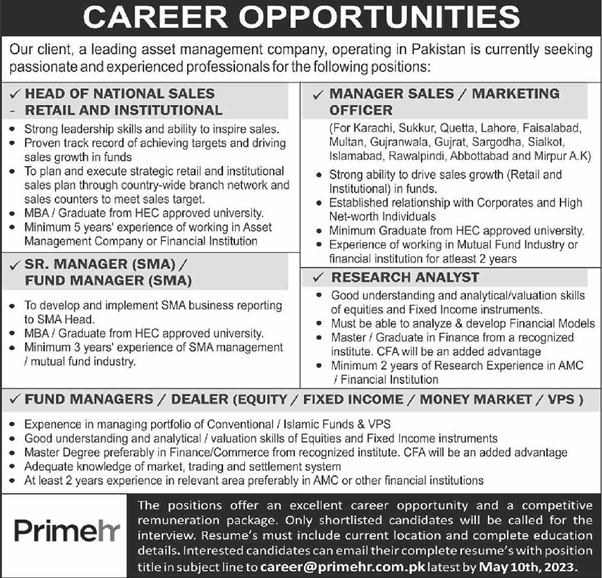 Prime HR Jobs April 2023 Sales / Marketing Officer / Manager & Others Latest