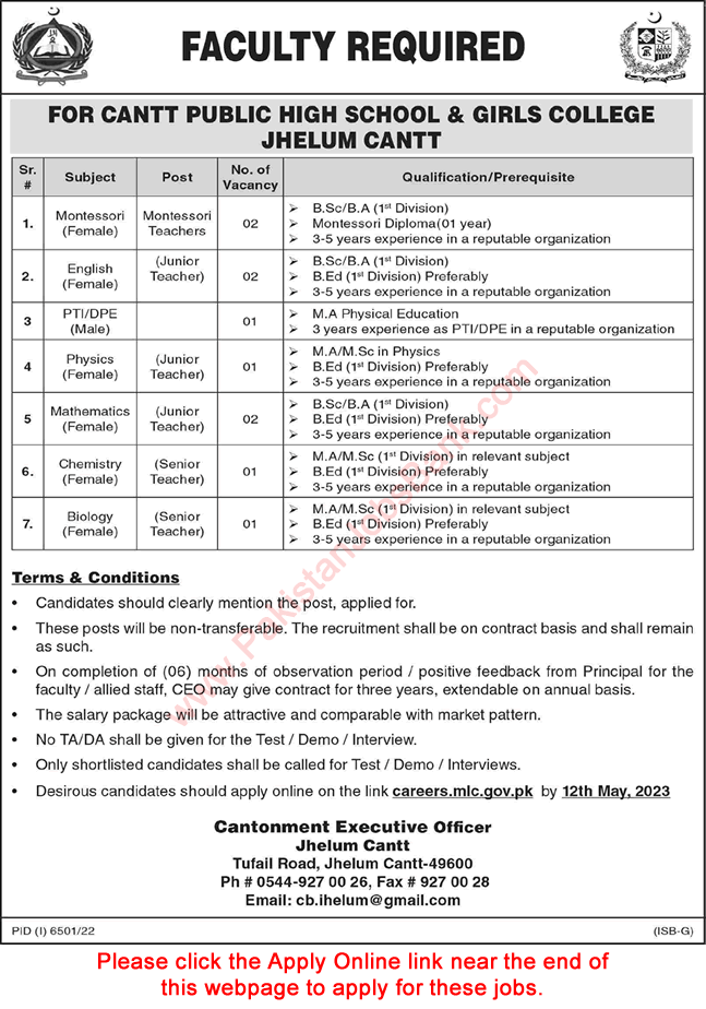 Cantt Public High School and Girls College Jhelum Jobs 2023 April / May Apply Online Teaching Faculty Latest