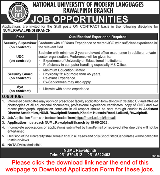 NUML University Rawalpindi Jobs May 2023 Application Form Clerk & Others Latest