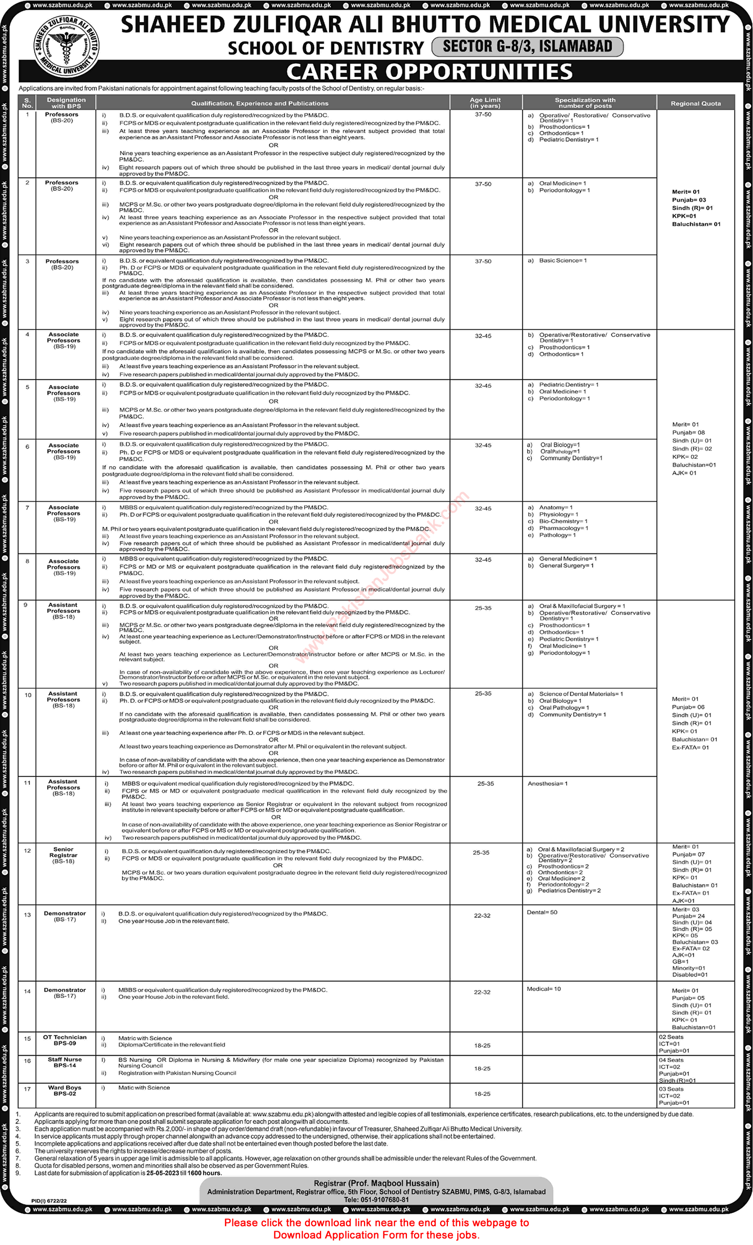 Shaheed Zulfiqar Ali Bhutto Medical University Islamabad Jobs 2023 May Application Form Teaching Faculty & Others  Latest