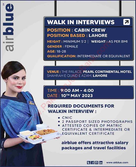 Airhostess Jobs in Air Blue 2023 May Female Cabin Crew Walk in Interviews Latest