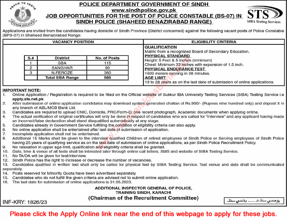 Sindh Police Constable Jobs May 2023 STS Apply Online Shaheed Benazirabad Range Latest / New