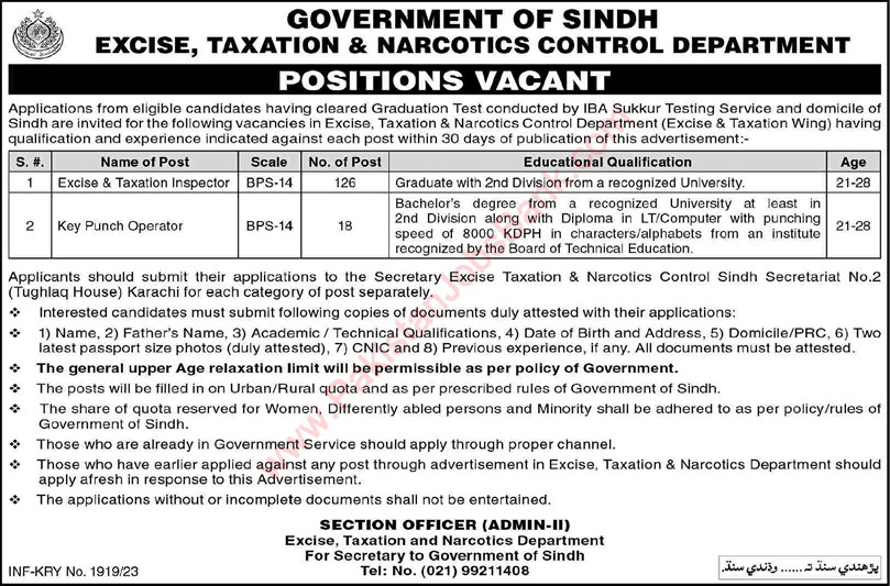 Excise Taxation and Narcotics Control Department Sindh Jobs 2023 May Inspectors & Key Punch Operator Latest